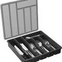 Lifewit Silverware Organizer with Lid, Covered Utensil Tray for Kitchen Drawer and Countertop, Plastic Cutlery and Flatware Storage Box for Spoons Forks Knives Holder Case, 6 Compartments, Black