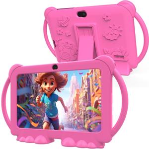 Kids Tablet 7 inch Android 12.0 for Toddler, 4GB RAM 32GB ROM Bluetooth IPS Screen Parental Control Dual Camera Shockproof Case for Educational Games, (Rose Red) (Pink)