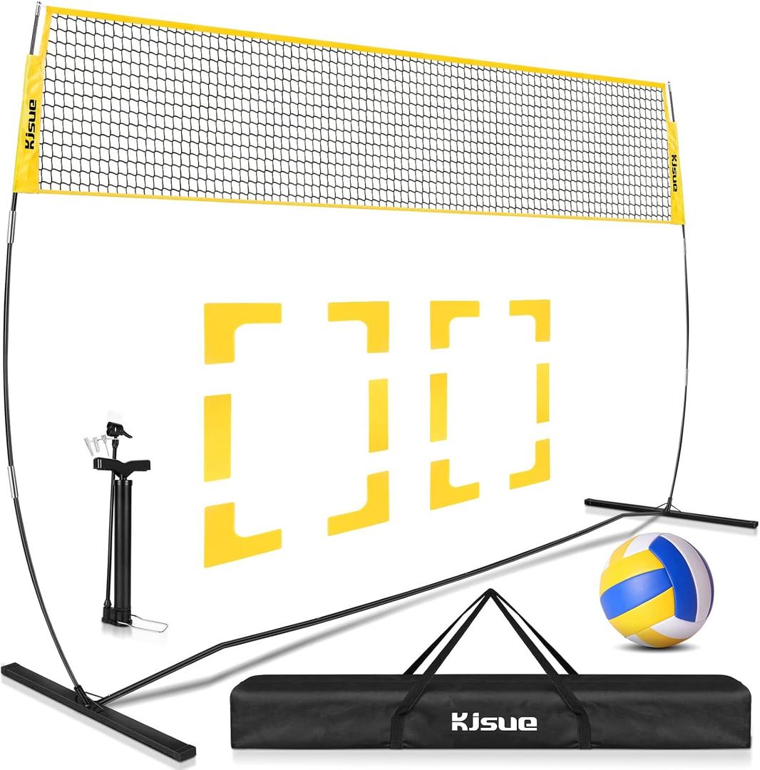 Freestanding Volleyball Net Set for Backyard - 12FT Portable Outdoor Volleyball Net Training Equipment with Soft Volleyball, Pump, Boundary Mark and Carry Bag for Park, Beach Games, Volleyball Sports (Yellow)