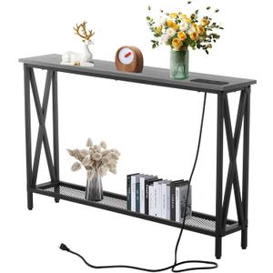 Forevich Console Table Sofa Entryway Couch Table with USB Power Outlet for Living Room Hallway Mesh Shelf 47 Inch Grey Oak
