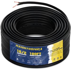 haisstronica 16/2 Low Voltage Landscape Wire 100ft - Copper Direct Burial Waterproof Cable for Landscape Lighting, Outoor Pathway Lights & Garden LED,UL Listed,UV Resistant