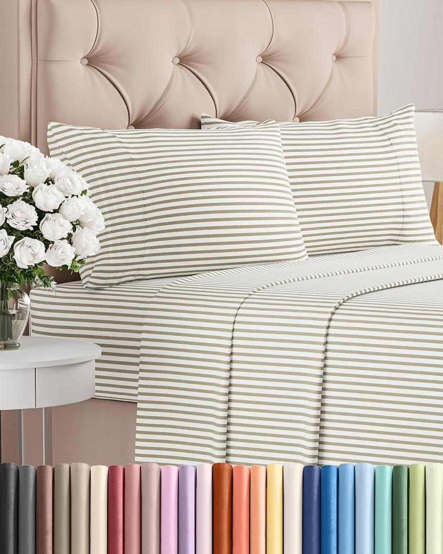 Queen Size 4 Piece Sheet Set - Comfy Breathable & Cooling Sheets - Hotel Luxury Bed Sheets for Women & Men - Deep Pockets, Easy-Fit, Soft & Wrinkle Free Sheets - Beige Stripes Oeko-Tex Bed Sheet Set