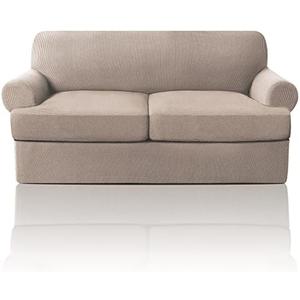 PrinceDeco T Cushion Loveseat Slipcover 3 Pieces Sofa Covers for T Cushion Sofa Stretch Slip Covers for 2 Cushion Couch with 2 Individual T Shape Seat Covers Width Up to 76" - Washable, Sand