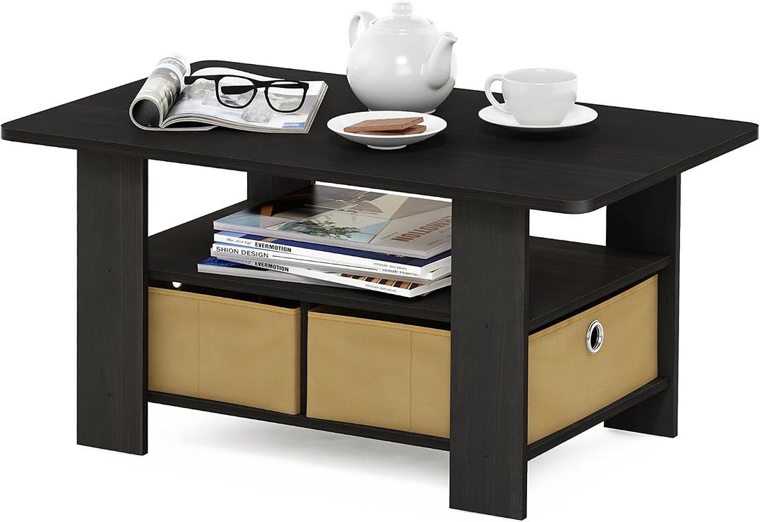 Furinno Coffee Table with Bins, Espresso/Brown, Small Non-Lift Top