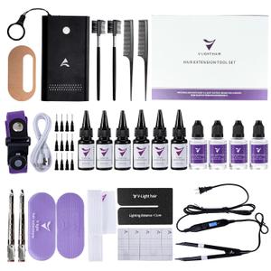 V Light Hair Extension Kit with UV Technology, 6X 20g Adhesive Glue, 4X 30ml Remover Solution, Professional Tools for Seamless Extensions and Quick Application