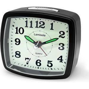 Small Battery Alarm Clock for Bedrooms, Analog Travel Clocks, Bedside Desk Table Clock for Room Decor, Slient, Big Numbers for Seniors, Gently Ascending Alarm for Heavy Sleepers, Black