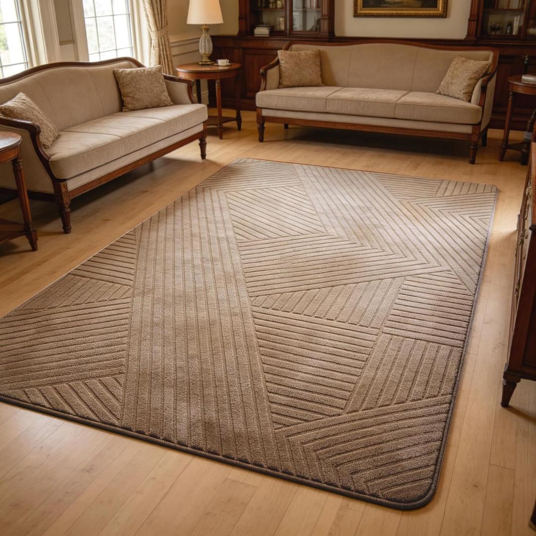 Brown 5x7 Geometric Rug for Living Room Bedroom, Washable | Fluffy High-Low Pile Textured Rug with Modern Geometric Pattern, Ultra Soft Boho Carpet for Nursery, Kids Room, Home Office