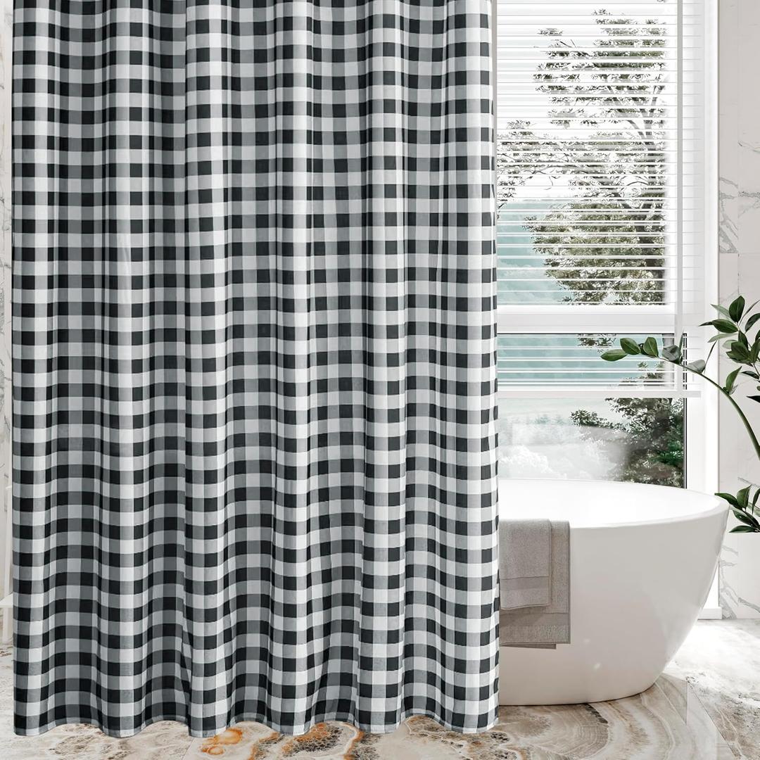 Biscaynebay Textured Fabric Shower Curtains 72" X 72", Black & White Printed Checkered Linen Modern Farmhouse Boho Hotel Quality Cloth Bathroom Curtains Machine Washable