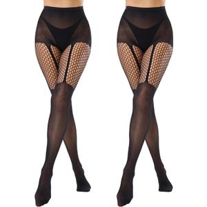 Faux Thigh High Tights for Women - Fishnet Gothic Pantyhose, High Waist Over-The-Knee Goth Leggings (Black)
