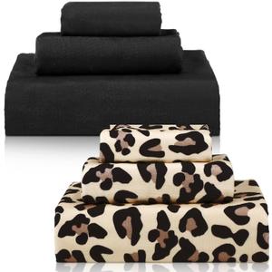 6 Pcs Bathroom Leopard Towel Set 2 Bath Towels 2 Hand Towels 2 Washcloths, Soft Absorbent Shower Guest Towel Decorative for Hotel Spa(Brown Leopard Print and Black)