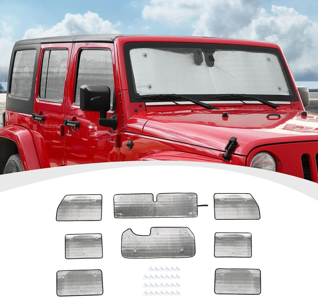 RAZPOY JK Windshield Sunshade, 8PCS Side Window Sun Shade Compatible with 2007-2017 Jeep Wrangler JK 4-Door
