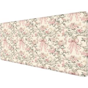 Vintage Pink Floral Large Mouse Pad 31.5x15.7inch, Coquette Girly Pink Bow Peony Flower Aesthetic Large Extended Computer Desk Mat Mousepad for Keyboard and Mouse, Preppy Desk Accessories