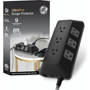 GE UltraPro Adapt 9-Outlet Surge Protector, 8ft Braided Cord Power Strip Surge Protector, Surge Protector Power Strip, 2480 Joules, Black, 73774