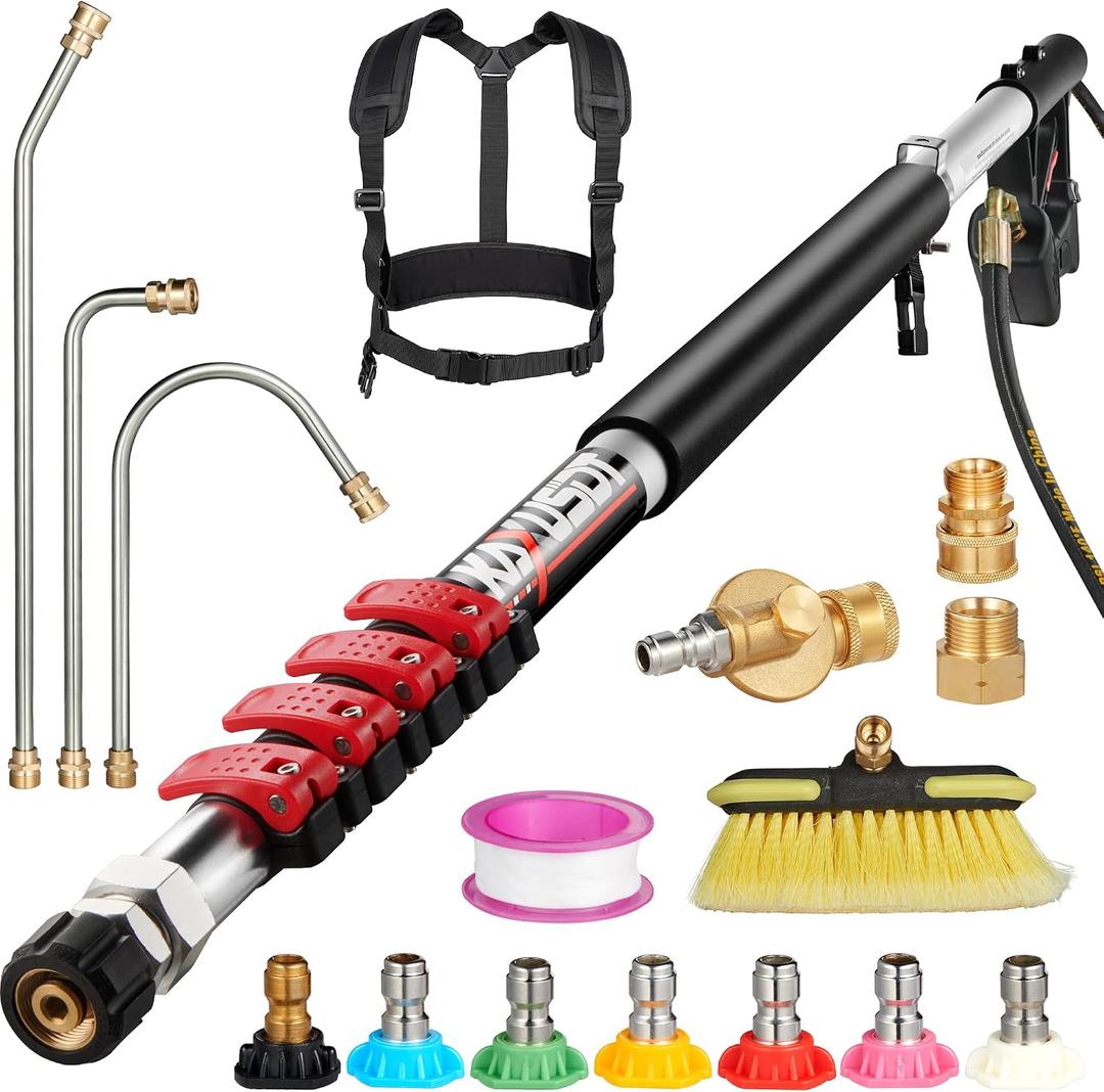 24FT Telescoping Pressure Washer Extension Wand, High Power Washer Wand Extension Pole with Support Belt & 3 Wand, 7 Spray Nozzle Tips, 4000PSI, Gutter Cleaning Tools