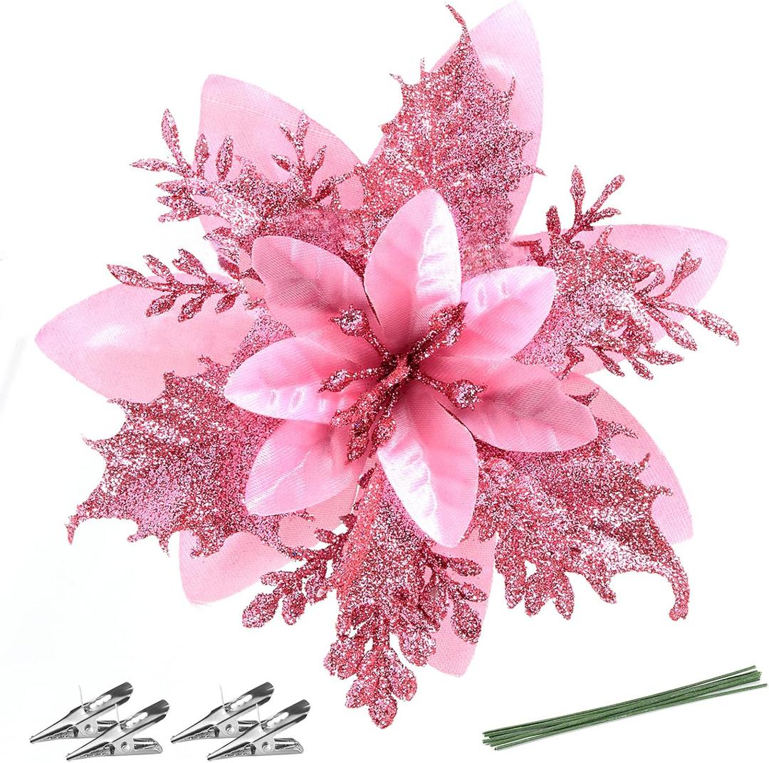 Christmas Poinsettia Artificial Flowers Decorations 5.5" Christmas Tree Wreaths Garland Decoration 12 Pcs Glitter Flowers Picks Decor for Xmas New Year Wedding Party Ornaments (Pink)
