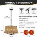 Hand-Woven Rattan Chandelier Vintage Farmhouse Boho Bamboo Chandeliers Light Fixture Retro Drum Wicker Rattan Black Chandelier for Dining Room, Kitchen, Living Room