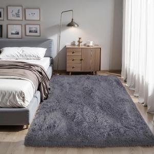 Thick Area Rug Grey Fluffy 4x6 for Bedroom Living Room Washable Plush Rug for Kids Baby Room Nursery Non Slip Soft Shag Cozy Shaggy Rugs for College Dorm Fuzzy Furry Floor Carpet