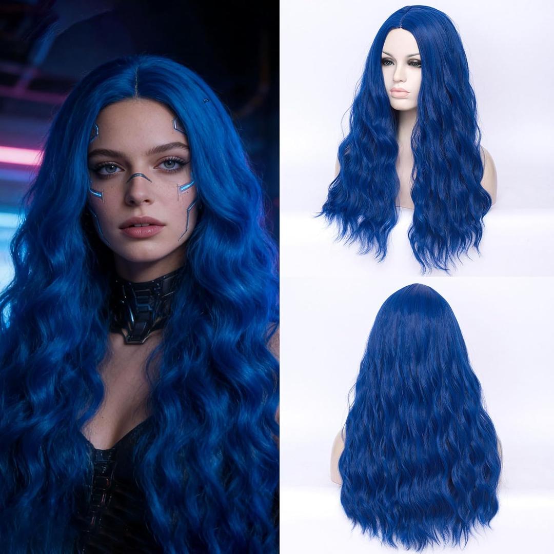 24" Long Dark Blue Curly Wavy Wig For Women Heat Resistant Fiber Wigs Halloween Cosplay Daily Party+Cap (Dark Blue)