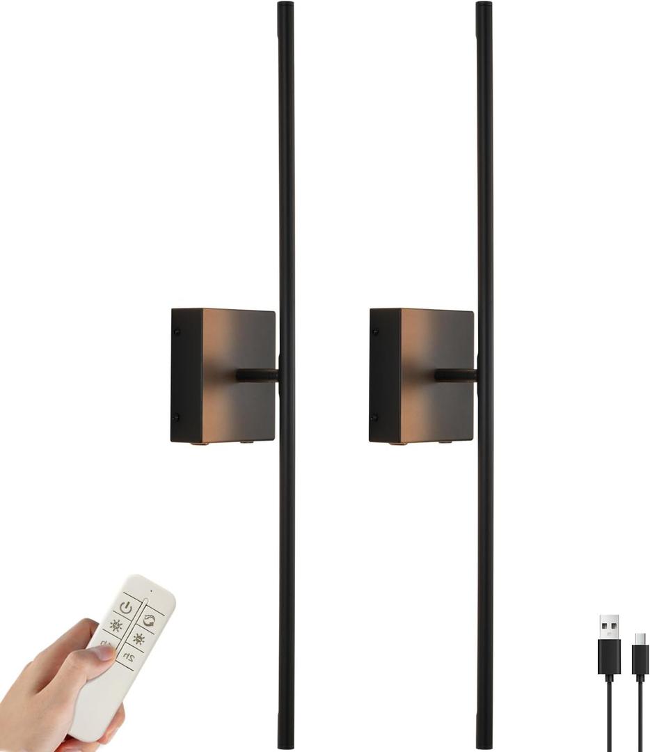 27.5 Inch Black Battery Operated Wall Sconces Set of 2, LED Dimmable with Romote Control, 3CCT, Rechargeable, 360 Rotate, Wireless Wall Light for Living Room Hallway Bedroom