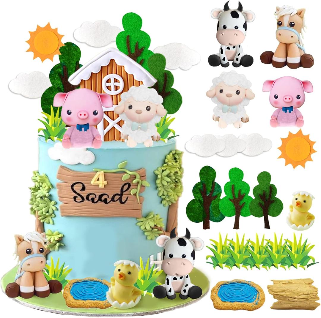DRWATE Farm Animal Cake Topper Cow Cake Decorations with Cow Pig Horse Sheep Chicken for Baby Shower Farm Birthday Party Supplies (Clay)