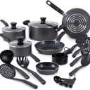 T-fal Initiatives Nonstick Cookware Set 18 Piece, Oven Broiler Safe 350F, Kitchen Cooking Set w/Fry Pans, Saucepans, Stockpots, Skillet, Spoons, Lids Pots and Pans Set, Dishwasher Safe, Stone Grey