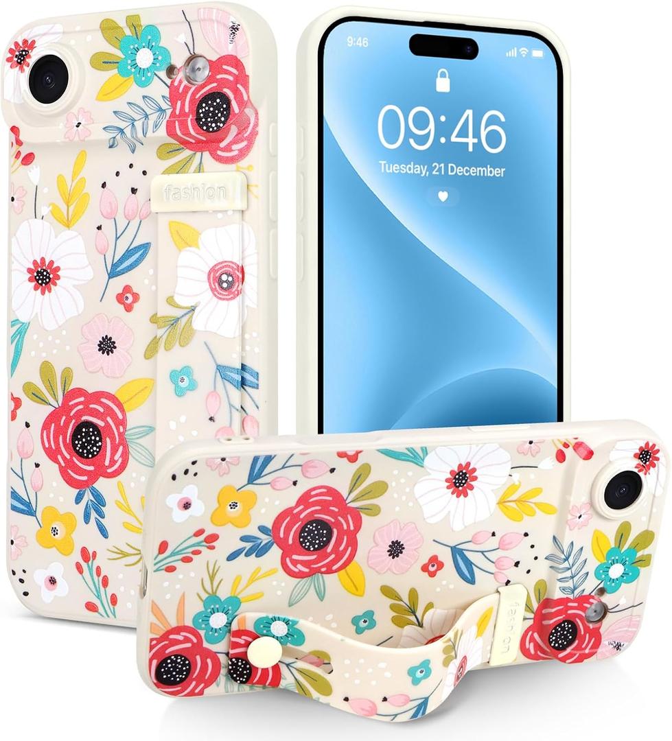 Case for iPhone Air Silicone Phone Case with Strap for Women Girls Cute Floral Flowers Design, Adjustable Finger Strap Kickstand Protective Cover, Blossom
