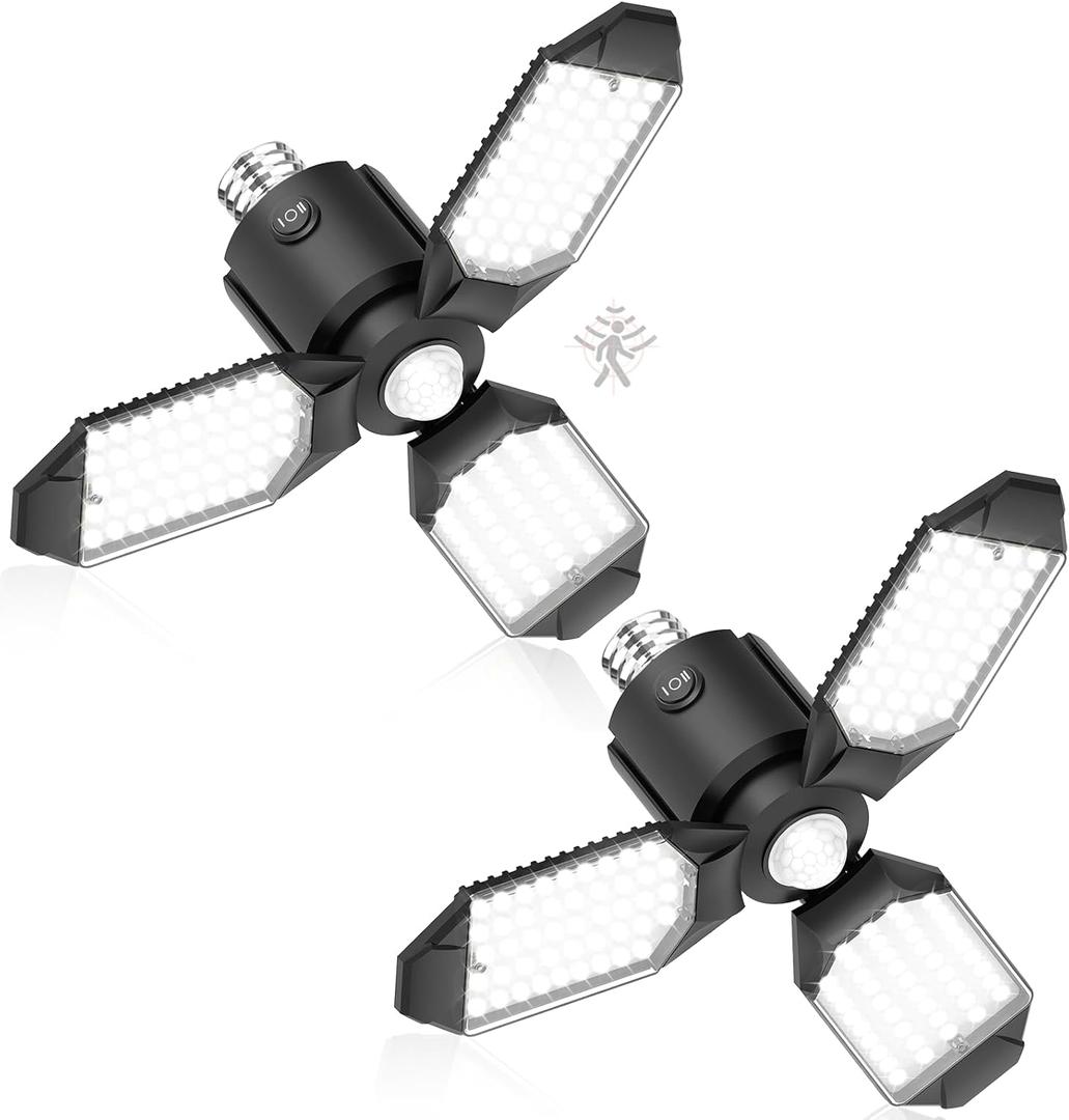 2 Pack Motion Sensor Garage Lights, 8000LM Garage Lights Motion Activated, 6500K Indoor Motion Sensor LED Light Bulb for Garage, Utility Room, Laundry Room, Basement