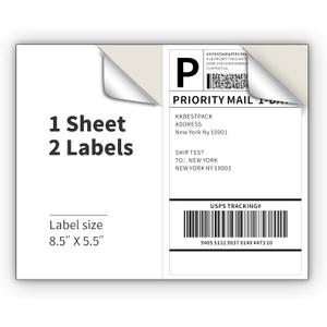 KKBESTPACK Half Sheet Shipping Labels for Laser and Inkjet Printers 2 Per Page Self Adhesive Mailing Labels White 8.5 x 5.5 (200 Labels) (2LP)
