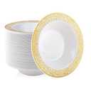 JOLLY PARTY 60 Disposable Gold Plastic Dessert Bowls, 12 oz Soup Bowls, Lace Christmas Thanksgiving Trim, Premium Heavy Duty Plastic Bowl for Wedding/Party (Gold)