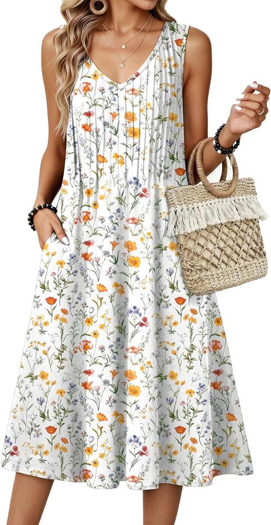 Zeagoo Women Summer Casual Dresses 2026 Sleeveless Midi Pleated Tank Sundress with Pockets V Neck A Line Swing Tshirt Dress, Size L