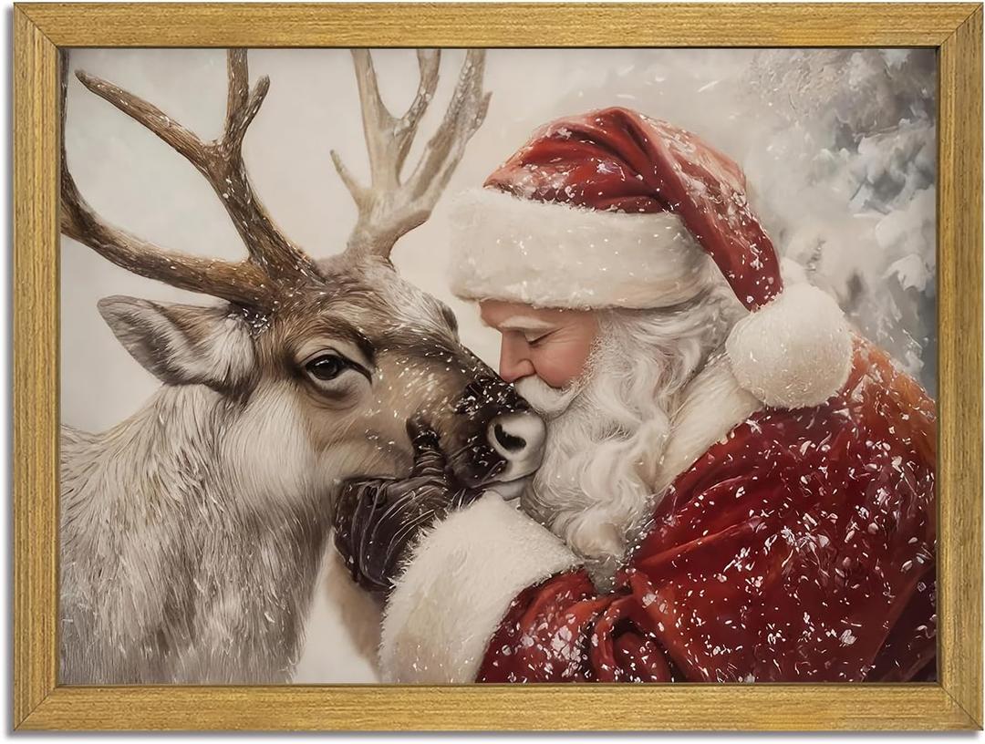 Vintage Christmas Wall Art, Santa Claus Reindeer Canvas Wall Decor Painting, Rustic Winter Painting Artwork Poster Print Picture for Living Room Bedroom Home 12x16 Inch Wood Framed