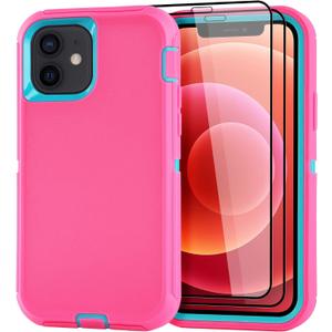 for iPhone 12/for iPhone 12 Pro Case 6.1" with 2 Screen Protector,Full Body Rugged Heavy Duty Military Grade Cover,Shockproof/Drop Proof Protection Phone Case (Pink Blue)