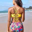 Edelqual Bikini Sets for Women Ruffled Leopard Halter Top Floral High Waisted Tummy Control Crisscross Tie Back Bathing Suit (Yellow, L)