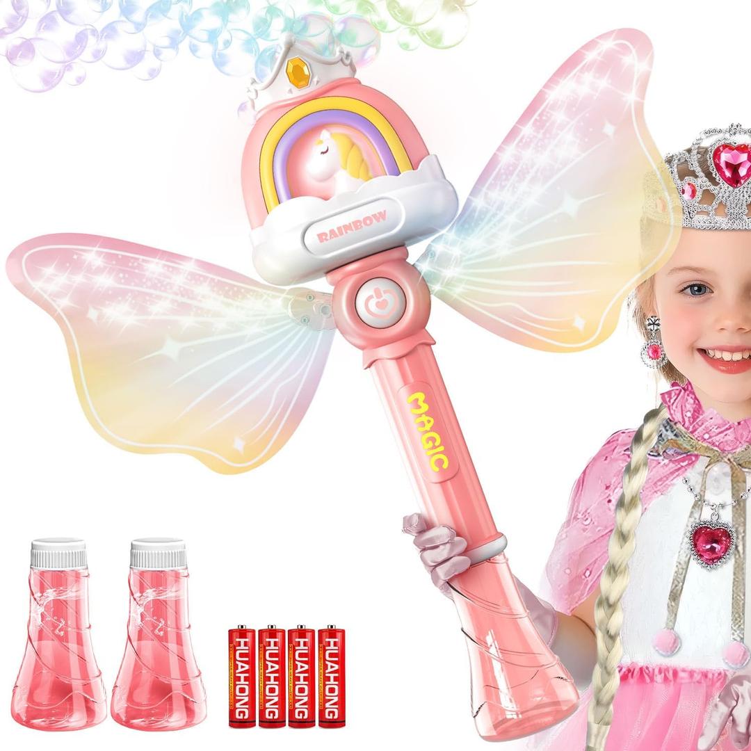 Bubble Wands for Girls Kids, Bubble Machine LED Light Princess Toys with 4 AA Batteries & 2 Solutions, Girl Stuff Outdoor Party Toys for Toddlers, Birthday Gift for 3 4 5 6 7 8 Year Old Girls (Pink)
