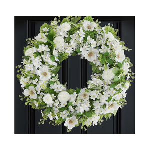 White Faux Silk Flower Spring Summer Easter Wreath 24-26" for Front Door – Anemone Daisy Tagetes Erecta Green Eucalyptus and Fern Leaves – Farmhouse Front Porch Wreath, Outdoor Indoor Use