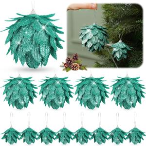 Syhood 12 Pcs Christmas Ball Ornaments Glitter Pinecone Balls Xmas Tree Decoration Hanging Pinecone Ornaments Rustic Pine Cones for Xmas Winter Party Holiday Wedding Home Decorations (Green)