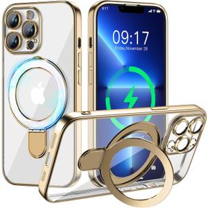 Magnetic for iPhone 13 Pro Case with Invisible Stand[Compatible with MagSafe][Full Camera Lens Protector][Military Drop Protection]Shockproof Not Yellowing Clear Slim Soft for Women Men, Gold