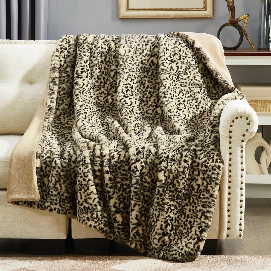 DREAMNINE Luxury Brown Leopard Print Faux Rabbit Fur Blanket for Couch 50" x 60", Decorative Soft Cozy Fluffy Cheetah Microfiber Blankets, Warm Blanket for Winter,Animal Print Thick Fuzzy Lap Blankets