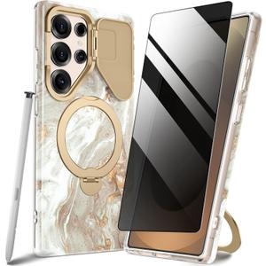 GVIEWIN Magnetic for Samsung Galaxy S25 Ultra Case with Privacy Screen Protector,[Compatible with Magsafe][Camera Cover &360 Spin Ring Holder]Marble Hard PC Protective for S25 Ultra 6.9"(Pearlescent)