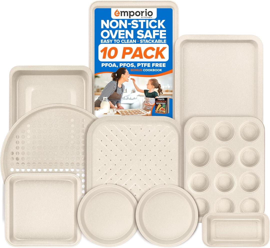 Stackable Baking Pan Set - Nonstick White Marble Coating, Carbon Steel Bakeware Sets, PFOA, PFOS, PTFE Free, Recipe Booklet Included, Oven Safe Tray (Up To 450 F), Set of 10 - White