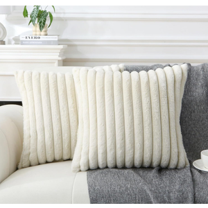 Decorative Throw Pillow with Inserts, Set of 2 Soft Faux Fur Throw Pillows, Square Boho Striped Pillow for Couch, Bed, Sofa Decor(Beige, 18" x 18")