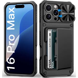 BXYJY for iPhone 16 Pro Max Case Wallet, Builtin Card Holder (45 Cards), Slide Lens Cover, Military Drop Protection, Rugged Heavy Duty Men Women Protective Phone Case for iPhone 16 Pro Max, Black