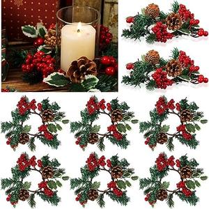 Yilloog 8 Sets Christmas Candle Rings Wreaths Berry Pinecone Red Poinsettia Candle Wreaths Rings Mini Candleholders Xmas Wreath Holder for Christmas Centerpiece(Cute)
