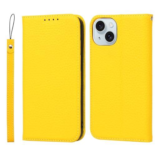 iCoverCase Compatible with iPhone 15 Plus Wallet Case with Credit Card Holder and Wrist Strap, RFID Blocking Genuine Leather Flip Magnetic Cell Phone Cover Case 6.7 Inch (Yellow)