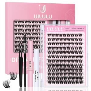 Uilulu Lash Clusters Kit for DIY Lash Extension at Home, False Eyelashes Set with Bond Seal, Lash Remover, Brush, Tweezers, D Curl Wispy Individual Clusters Eye Lash Extensions Kit (U10 Kit)