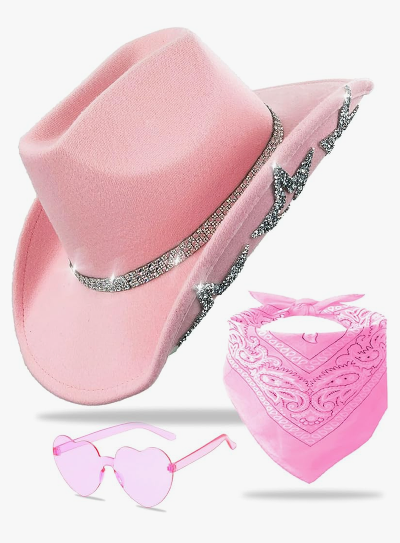 Cowboy Hat for Women Men 6 Sparkly Stars Brim & Rhinestone Belt Western Cowgirl Hat with Sunglasses Bandanas