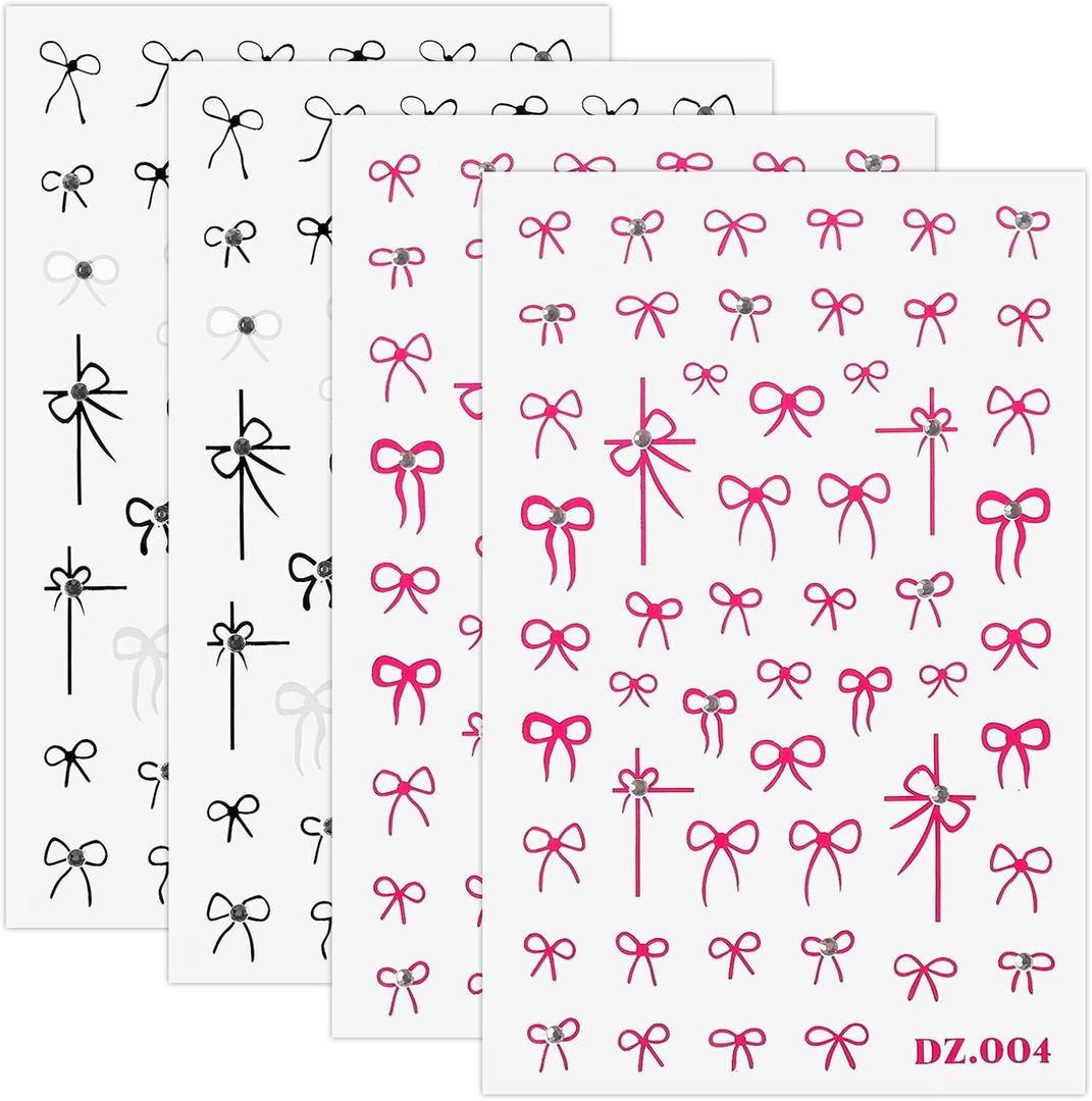 Mabor 4 Sheets Bow Nail Stickers for Nail Art, Embossed Black Pink Bow Nails Decals with Design for DIY Acrylic Nails Art Supplies for Women