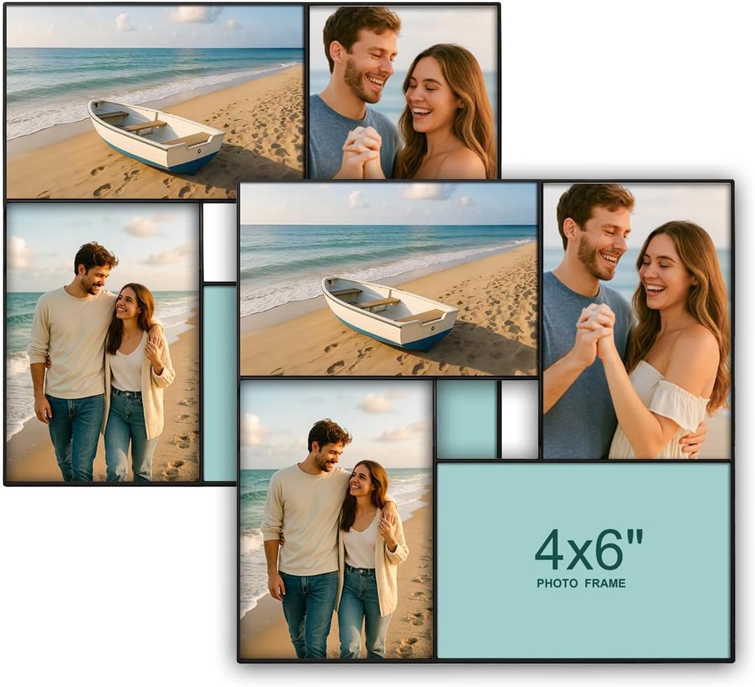 4x6 Collage Picture Frames, Multi Opening Photo Frame for 4Pcs 4x6 Photos with Real Glass, Hanging Display, Lightweight Frame for Wall Decor, Black, 2 Pack