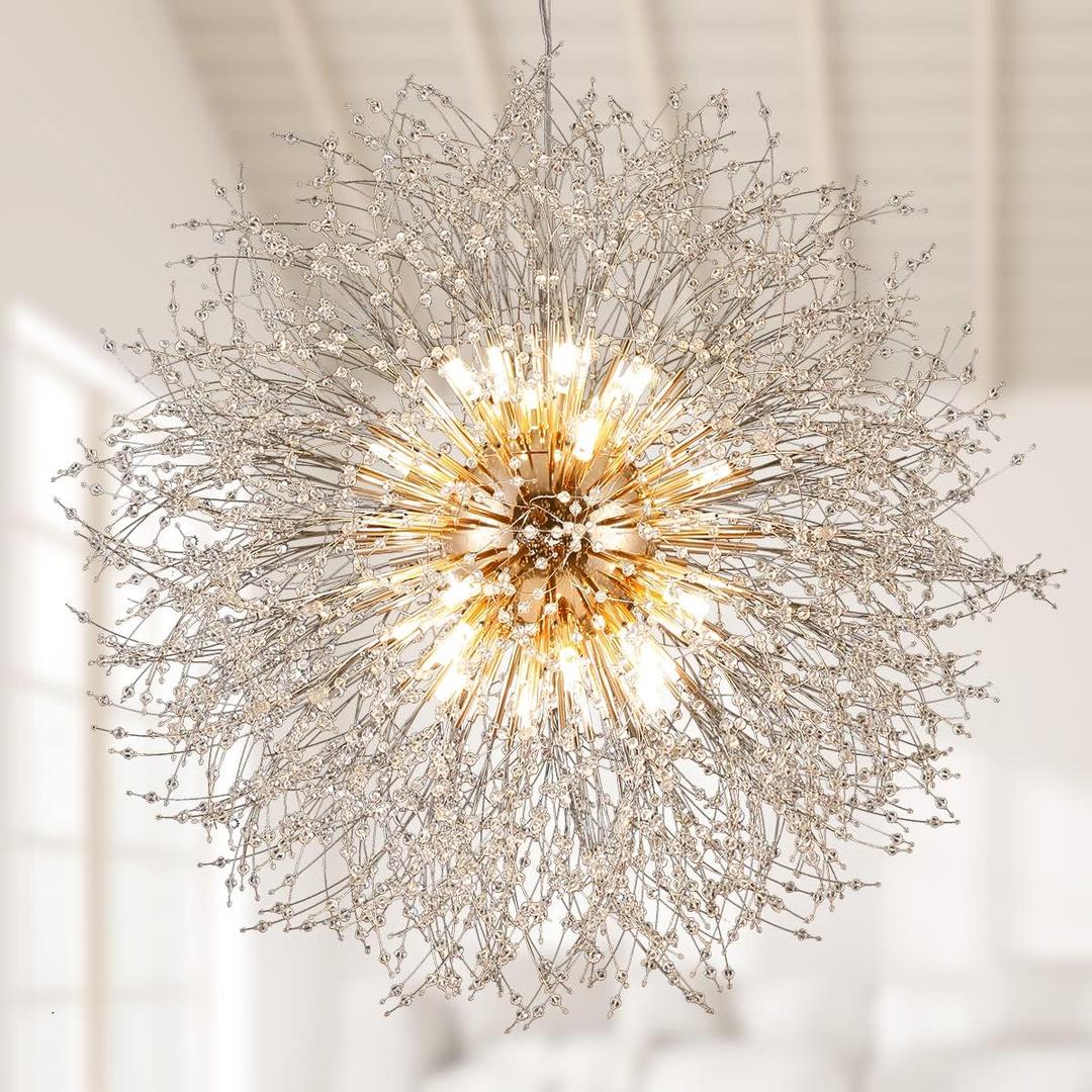 Gold Crystal Chandeliers Dandelion, 31.4" Steel Firework Chandelier Large Lighting, 16-Light Modern Sputnik Pendant Light Fixture for Living Room Bedroom