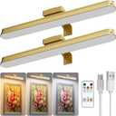 Picture Lights for Wall Battery Operated, 2-Pack 16in Magnetic Rechargeable Picture Light with Remote, Dimmable, Timer Painting Light,Art Display Light for Picture Frame Artworking Portrait, Gold
